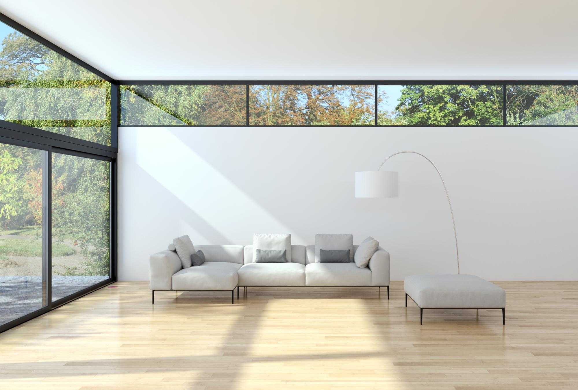 Spacious living room with large windows